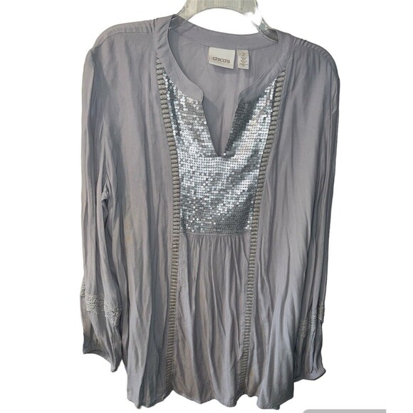 Chicos shirt Womens 2 Sz L Gray Peasant Blouse Sequin Shine Tunic babydoll Glam - Picture 1 of 8